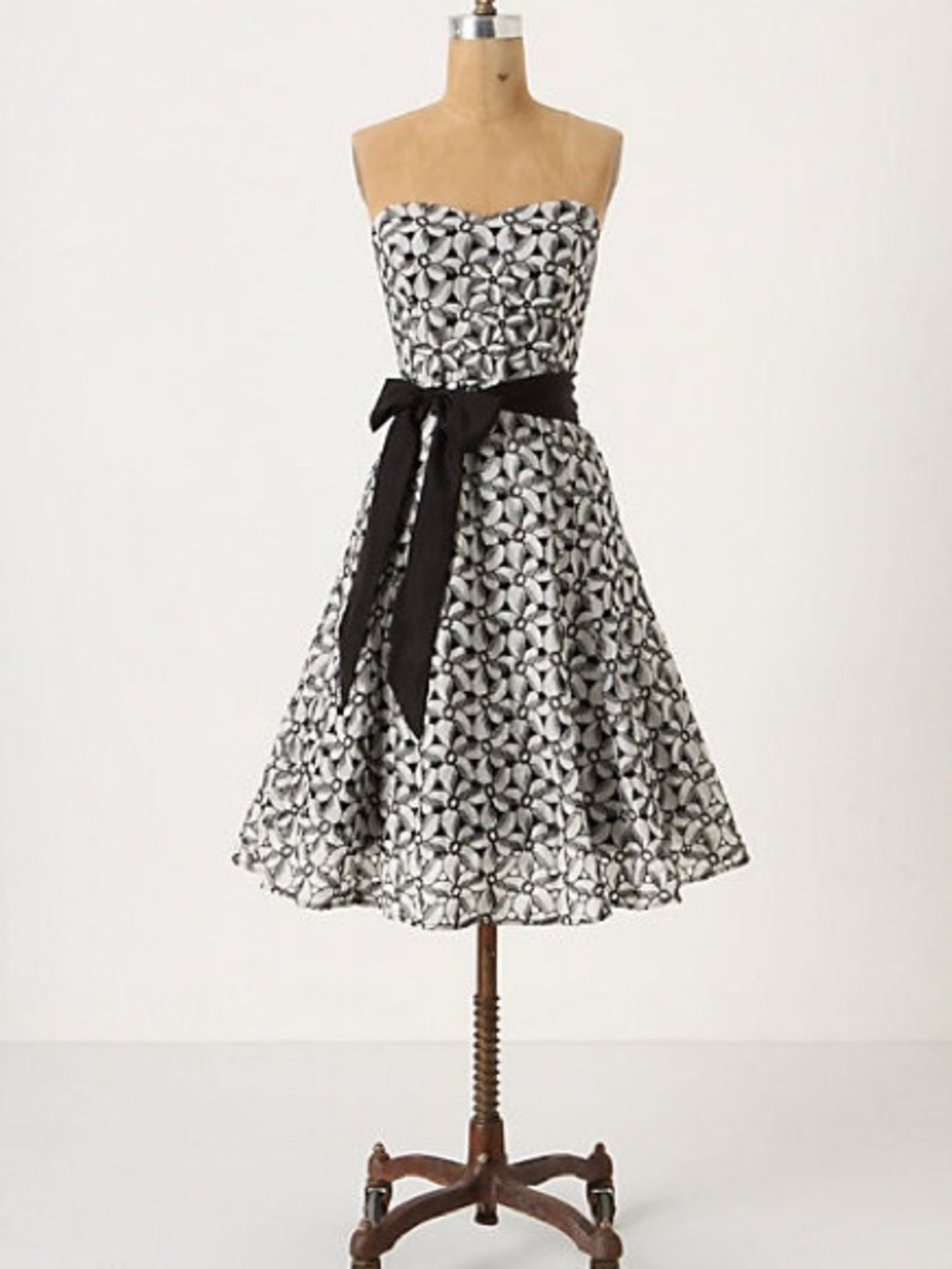Anthropologie Moulinette Black & White Floral Strapless Midi Dress with Sash